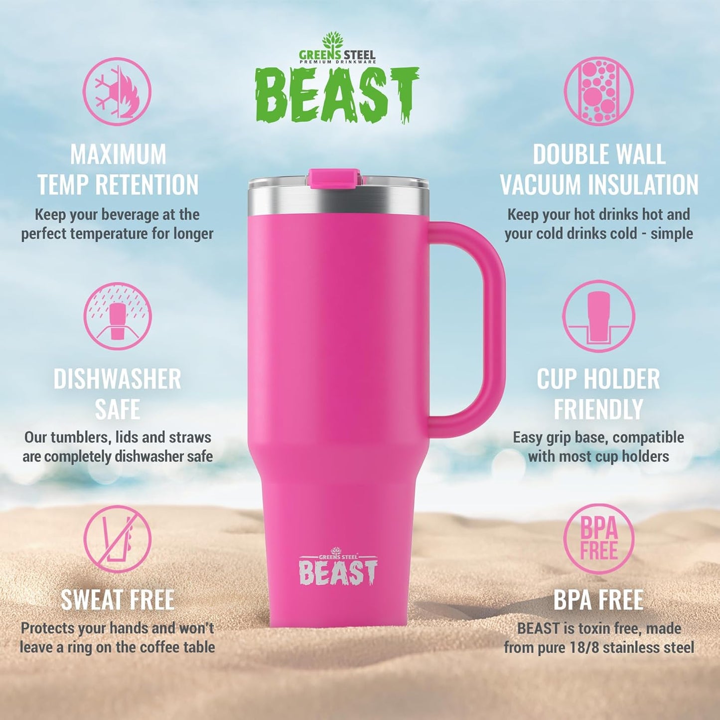 Beast 42 oz Tumbler Stainless Steel Vacuum Insulated Coffee Ice Cup Double Wall Travel Flask (Cupcake Pink)