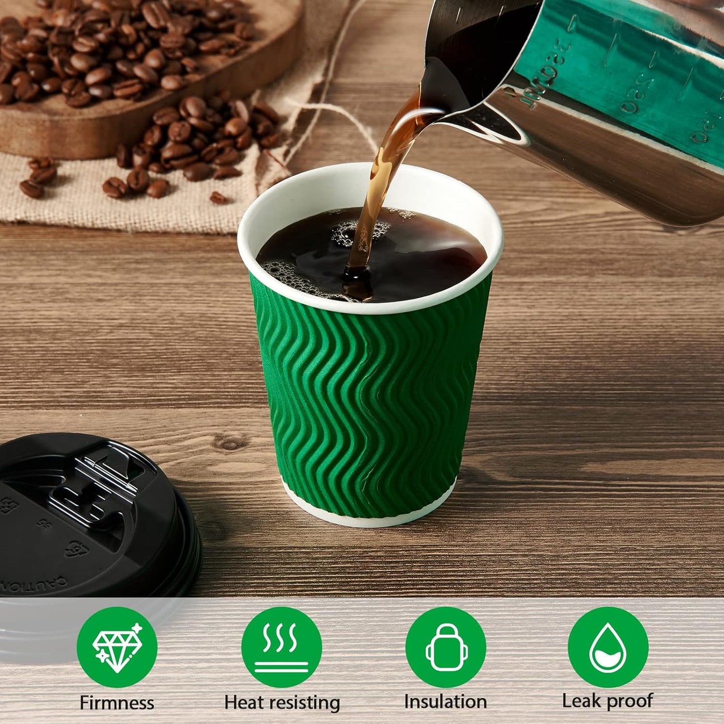 100 Count 8 OZ Coffee Cups with Lids, Insulated Ripple Wall Paper Hot Coffee Cups for Hot Drinks