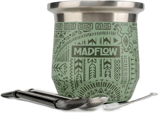 MADFLOW Yerba Mate Cup. Stainless Steel Mate Cup with 2 Bombillas. Double Wall Vacuum Insulated Yerba Mate Gourd. Unique Mate Cup And Bombilla Set