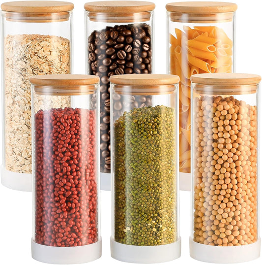 34oz Round Glass Storage Containers with Bamboo Lids – 6 Pack Clear Food Airtight Glass Jars for Pantry Organizers and Storage, Kitchen Dry Food, Flour, Cereal, Coffee Beans & Staples