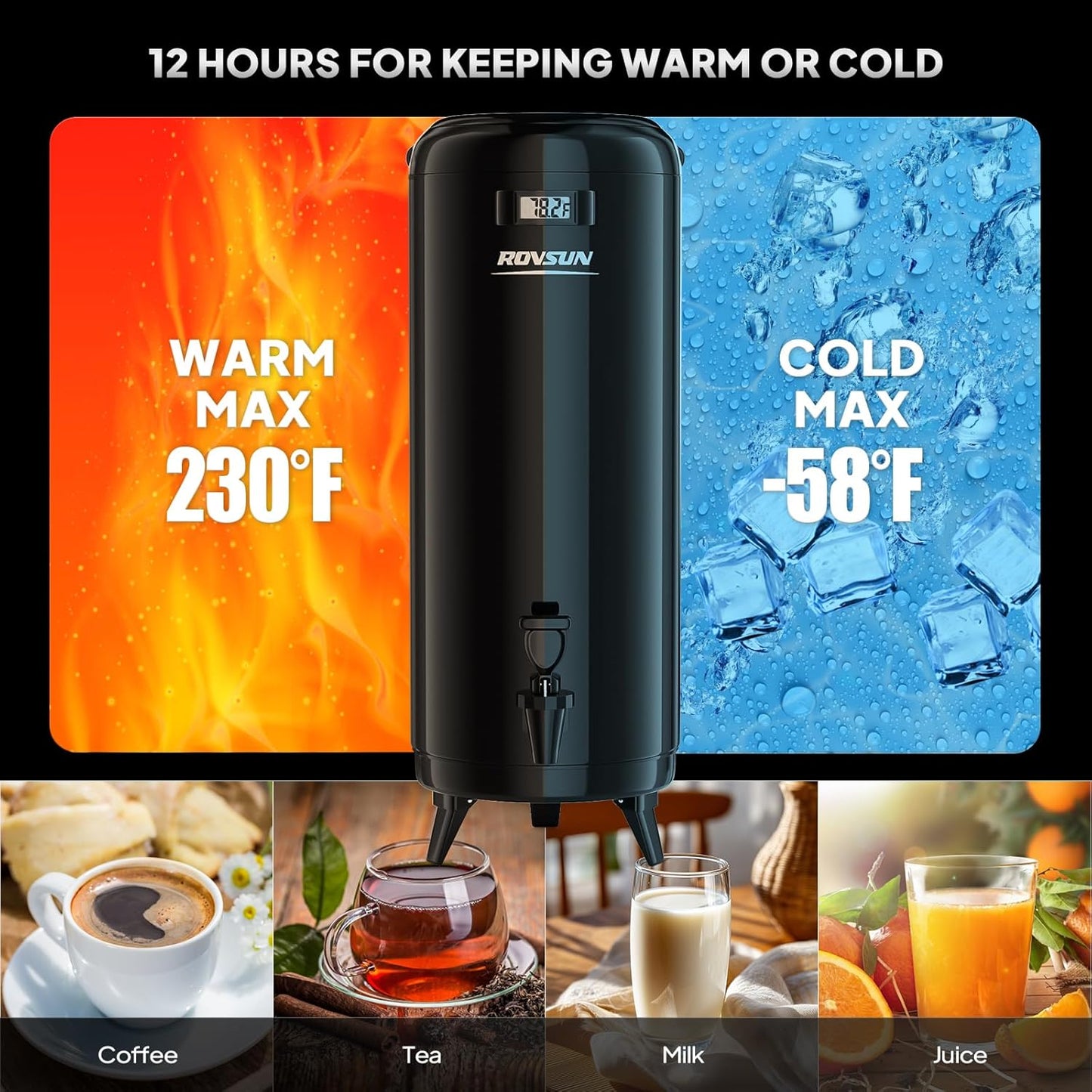 ROVSUN 4.8 Gallon Insulated Beverage Dispenser, Stainless Steel Hot and Cold Drink Dispenser, Ice and Hot Drink Server w/Spigot, Hot and Cold Beverage Server for Coffee, Tea, Milk & Juice