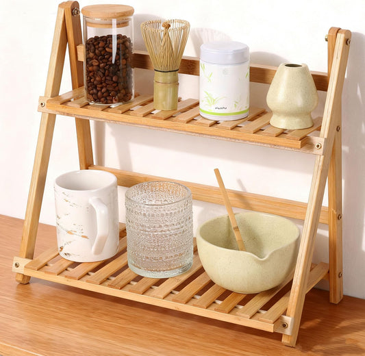 Coffee Station Organizer, Matcha Station, Foldable Bamboo Mug Holder for Countertop, Tea & Coffee Bar Accessories, 2 Tier Shelf for Kitchen Counter Organizer, Matcha Stand, Spice Rack