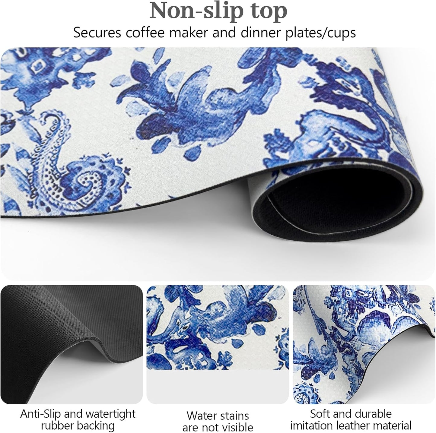 Bloss Dish Drying Mat, Multiple Usage Coffee Bar Mat, Kitchen Counter Mats, Absorbent Hide Stain Rubber Backed Dish Drying Pad(16.1"x24.1", Ink Cyan Flower)