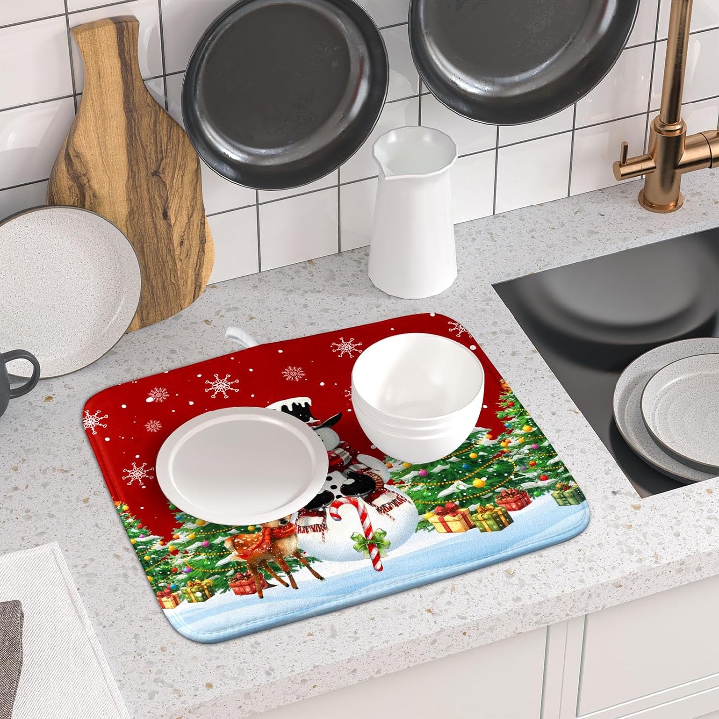 Christmas Snowman Dish Drying Mat for Kitchen Counter,Christmas Tree Winter Snowflake Red Drying Mat 16 x 18 Inch with High Absorbent Reversible Microfiber Dish Drying Pad Drainer Mat for Coffee Bar