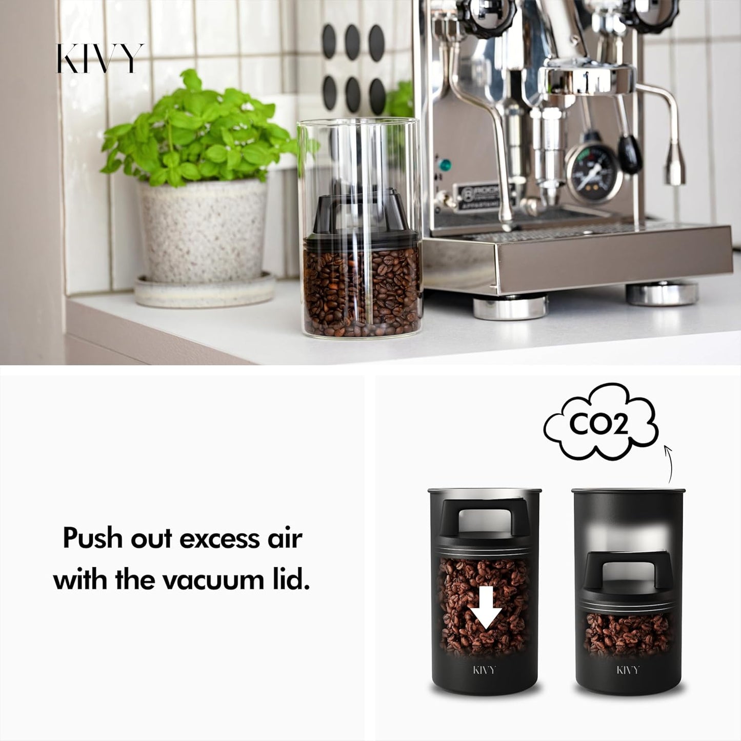 KIVY Vacuum Seal Coffee Canister [AIRTIGHT] - Coffee Canister with Airtight Lid - Airtight Coffee Jar - Air Tight Coffee Container - Vacuum Storage (Glass)