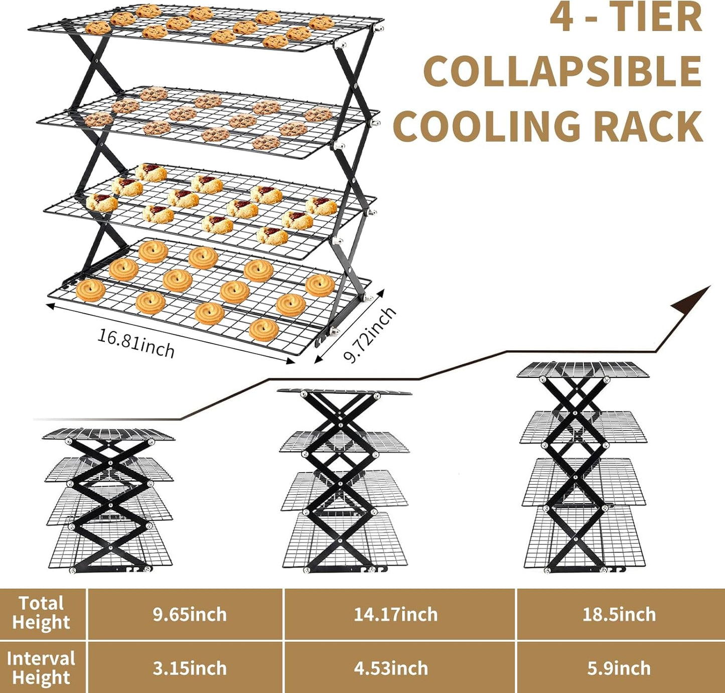 Cooling Racks for Cooking and Baking，2/3/4-Tier Upgraded Collapsible Cooling Rack，Adjustable 3 Setting Stackable Design，Nonstick Wire Rack for Baking，Roasting，Drying，Cookie，Cake，Muffins，Space Saving