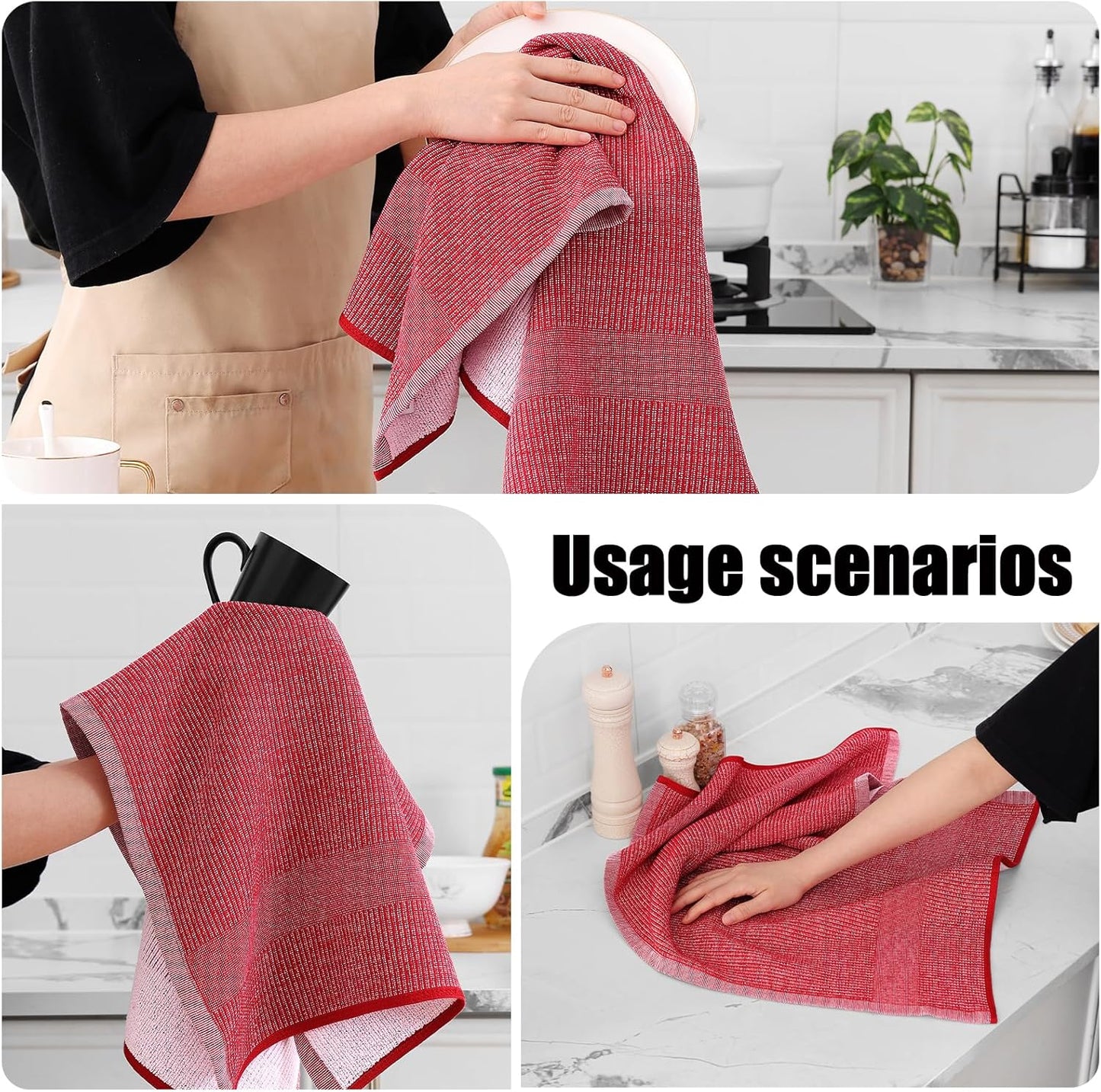 Homaxy Premium Kitchen Towels(18”x 28”, 12 Pack), Large Cotton Kitchen Hand Towels, Flat and Terry Dish Towels, 380 GSM Highly Absorbent Tea Towel Set with Hanging Loop, Red