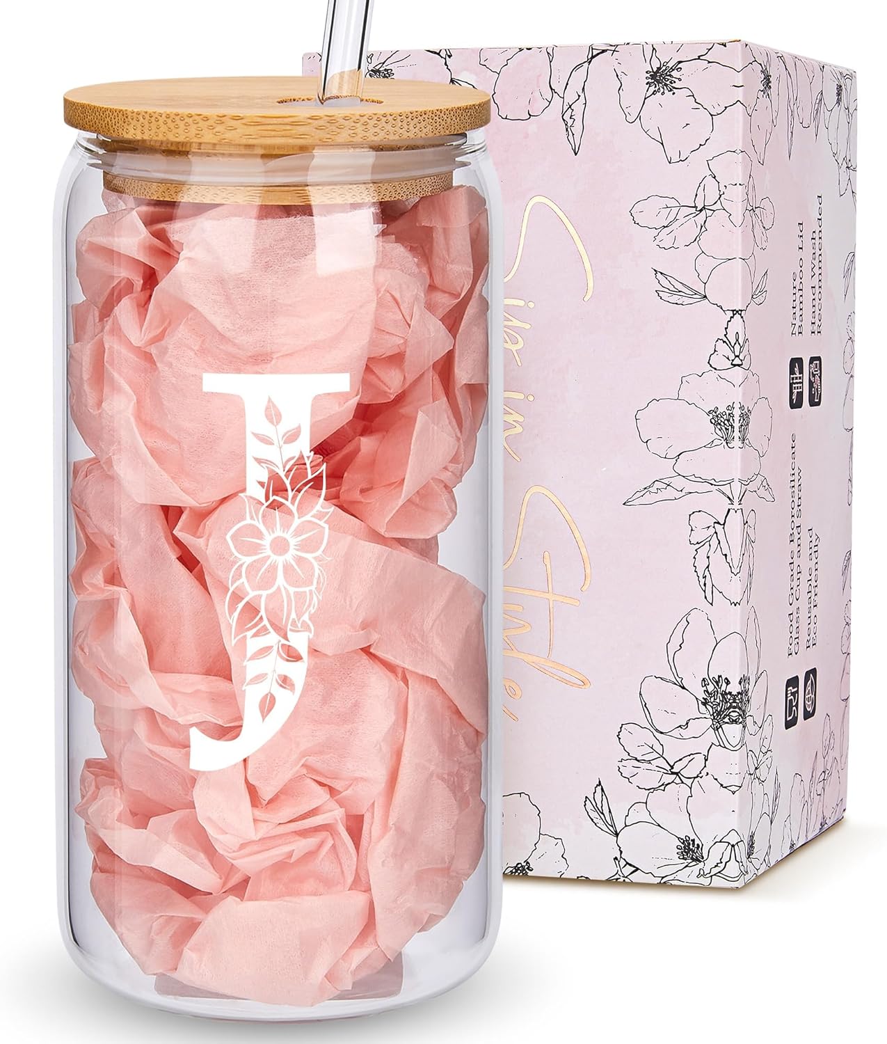 Personalized Gifts for Women, Monogrammed Glass Cups with Lids and Straws, Custom Tumbler, Cute Customized Mug, Aesthetic Stuff, Initial Iced Coffee Cup, Drinking Glasses, Birthday Teacher Gifts, J