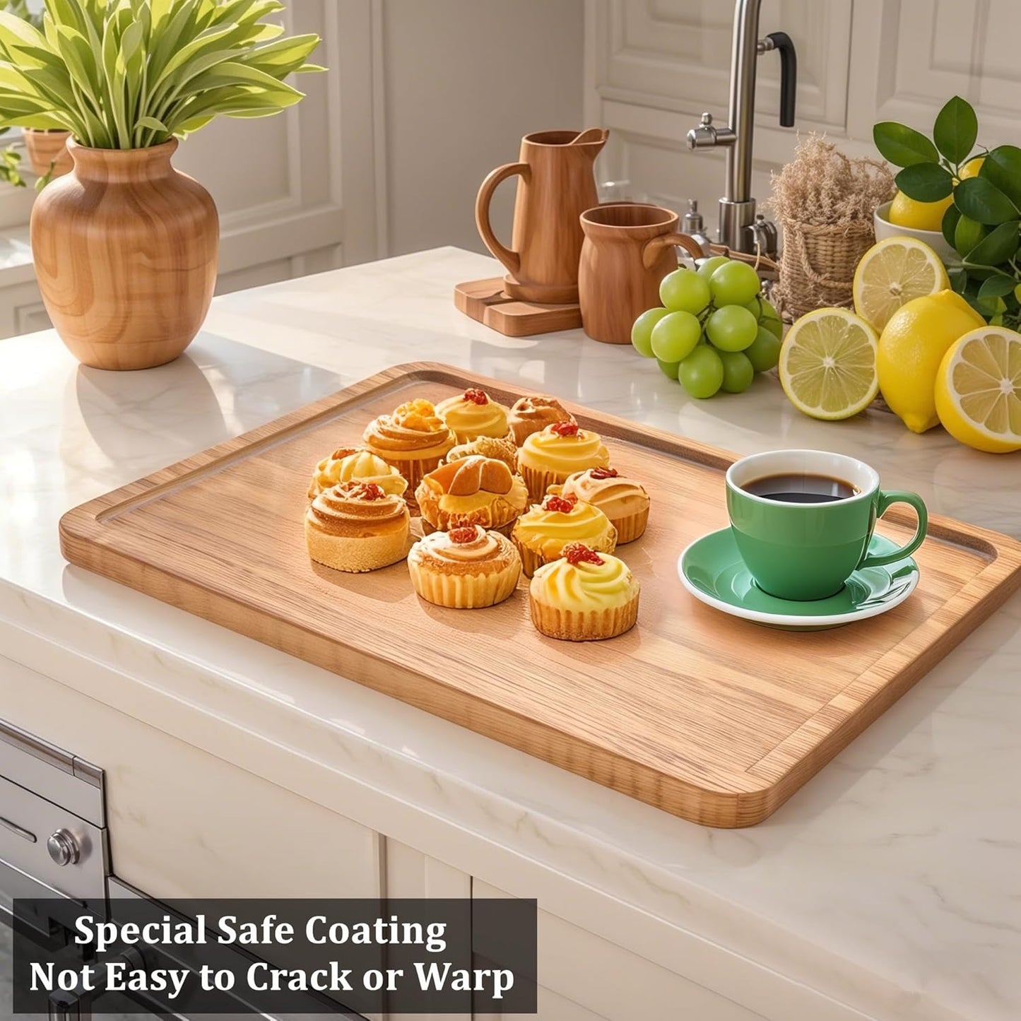 Wood Tray for Coffee Tea Large Wooden Serving Tray for Food Fruit Snack Decorative Serving Platter, 15.7x11.8 Inches