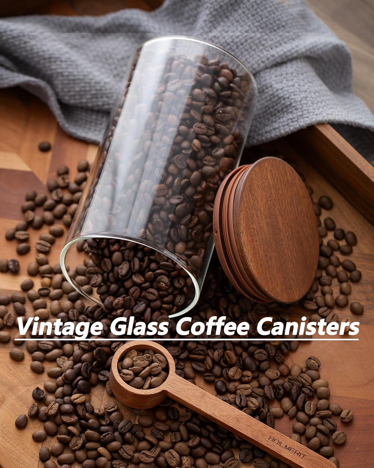 37 oz Coffee Canister with Scoop and Wooden Lids, Airtight Storage Container Sets of 2 for Ground Coffee & Beans, Glass Jars for Coffee Bar Organizer, Kitchen Countertop