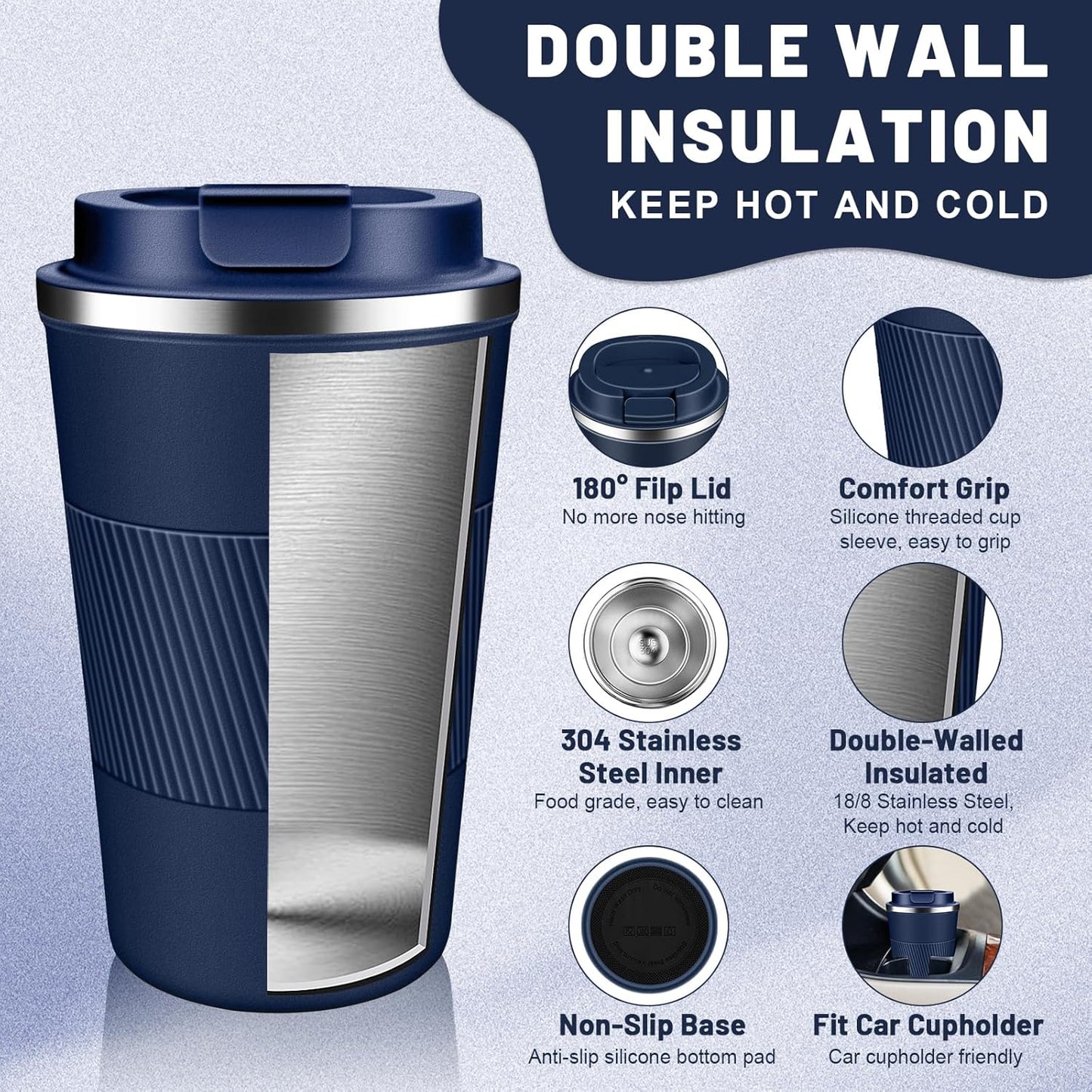 Insulated Coffee Tumblers with Flip Lid 12oz / 17oz, Stainless Steel Travel Coffee Mug Leak Proof, Vacuum Insulated Coffee Mug Reusable Cup, Keeps Cold and Hot for Coffee Tea