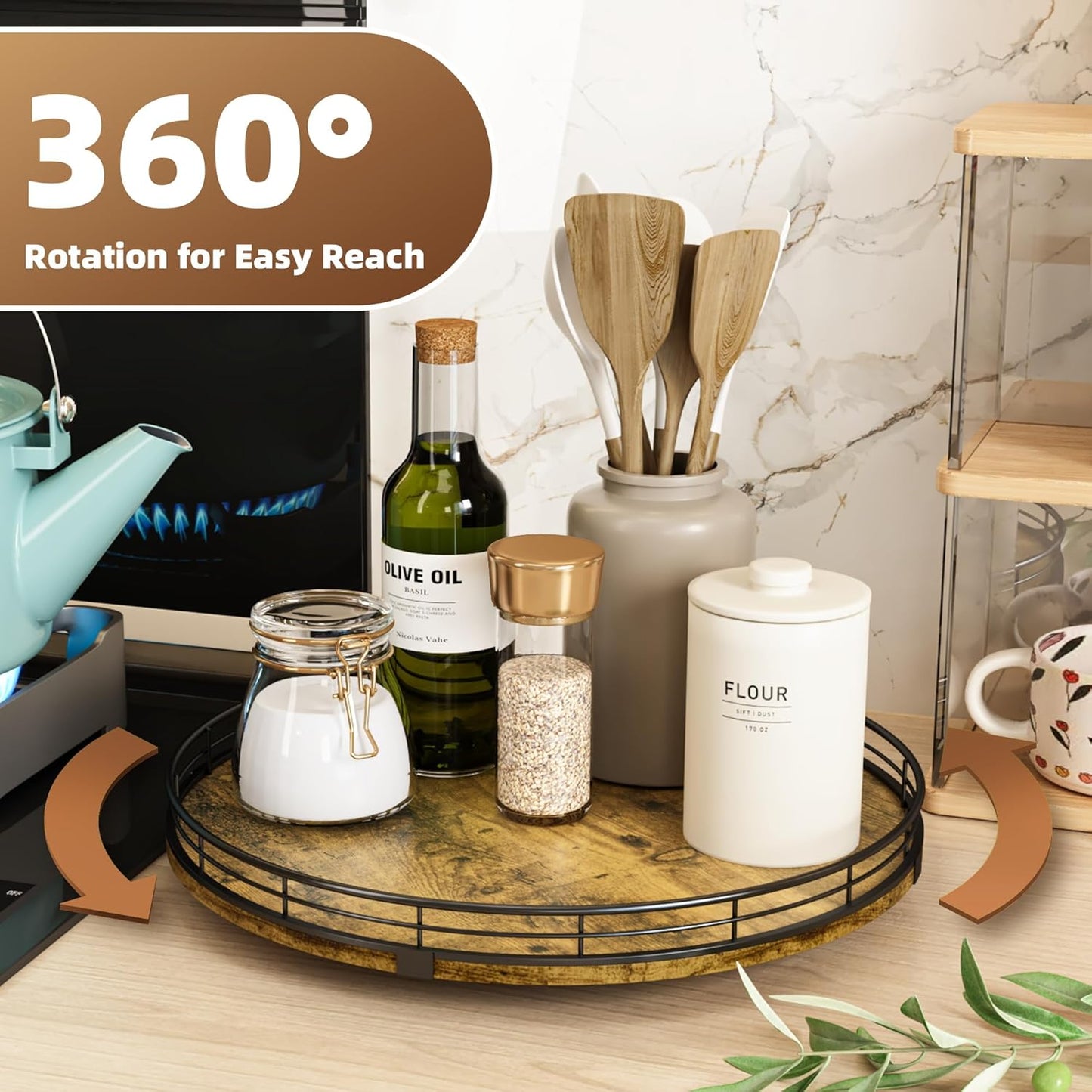 Lazy Susan Turntable Organizer for Table Top, 13’’ Round Wooden Lazy Susan for Cabinet Kitchen Countertop Pantry Dining Coffee Table for Condiments Spices, Rustic Bathroom Vanity Tray for Soap Candle