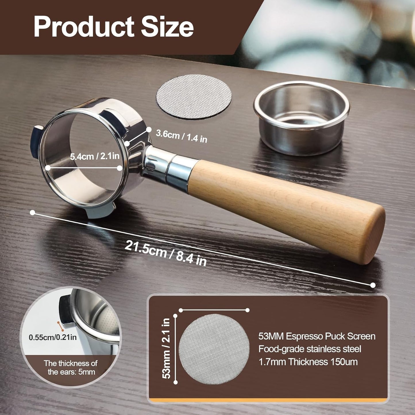 54 mm Bottomless Portafilter with Puck Screen, 3 Ears Espresso Portafilter Compatible with Breville Barista Express Machines,Stainless Steel Por tafilter and Maple Handle