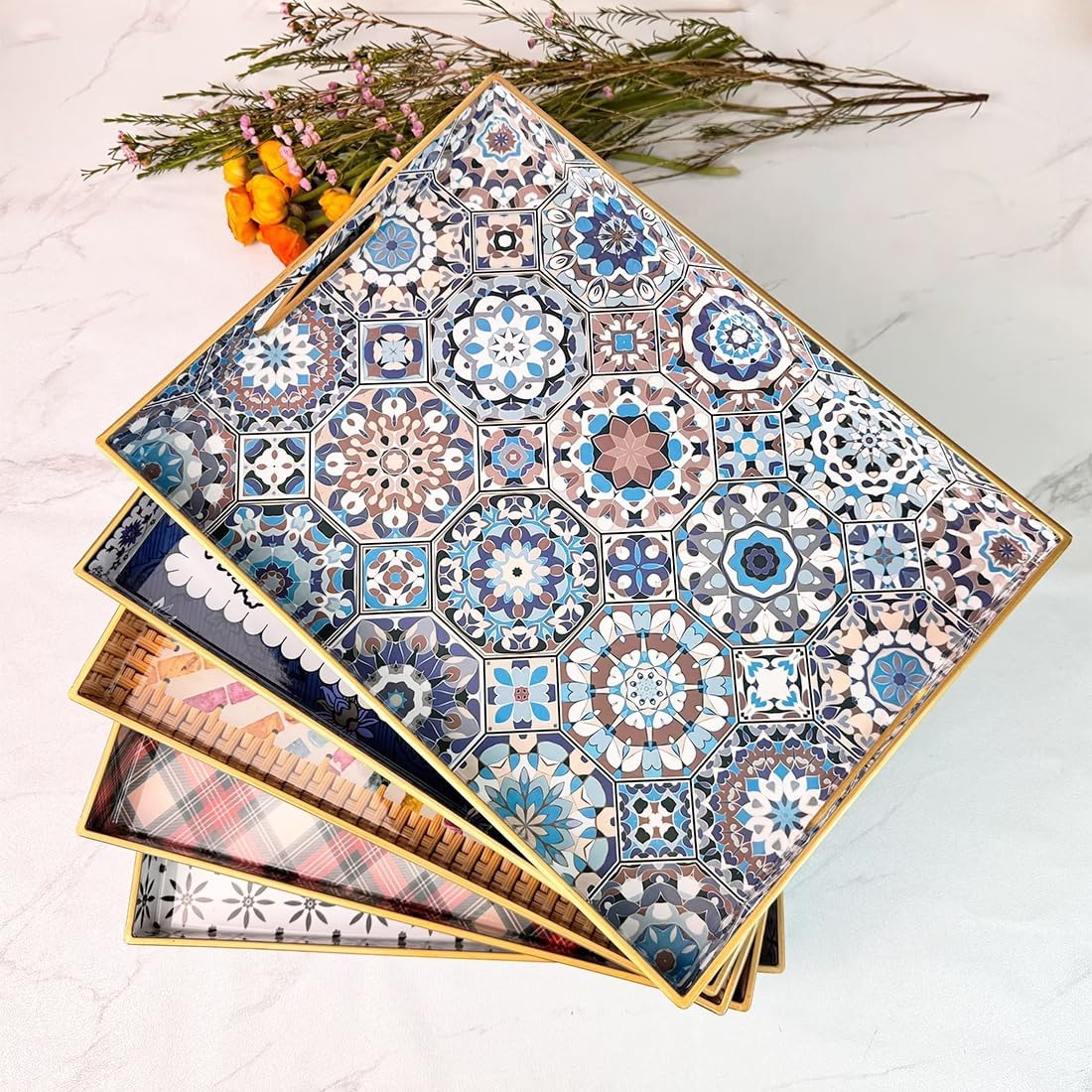 Boho Coffee Table Tray, Decorative Serving Tray with Handles, Large Tray for Ottoman,Coffee Table，Living Room Modern, Blue，