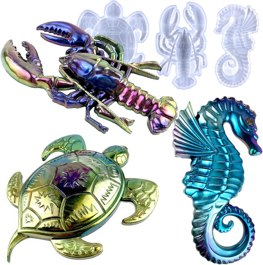 3PCS Silicone Molds for Epoxy Resin, Sea Turtle Seahorse Lobster Resin Mold Large Epoxy Resin Casting Mold Unique Marine Animal Mould DIY Resin Concrete Art Crafts Halloween Home Decoration