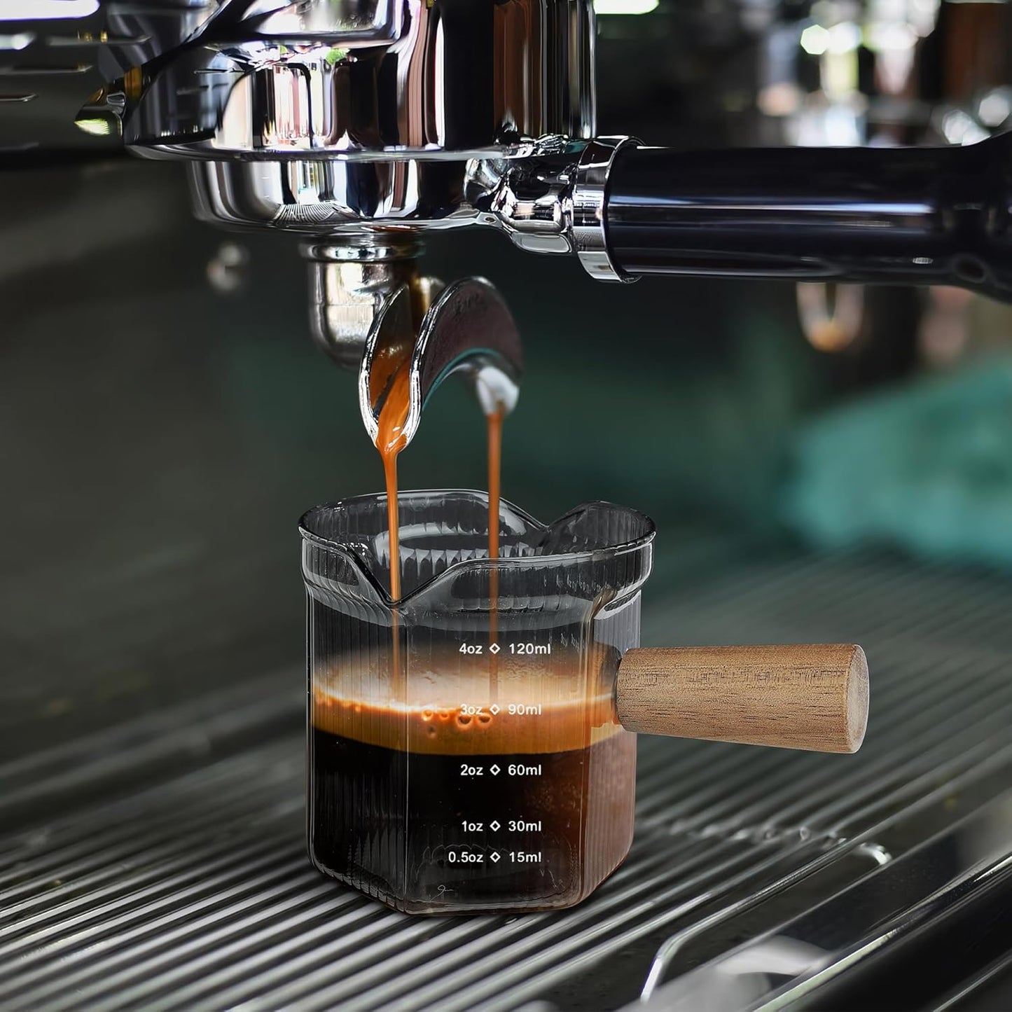 Joeyan 4 oz Grey Double Spouts Measuring Triple Pitcher Milk Cup with Wood Handle,Ribbed High Borosilicate Glass Measuring Cup, Espresso Shot Glasses