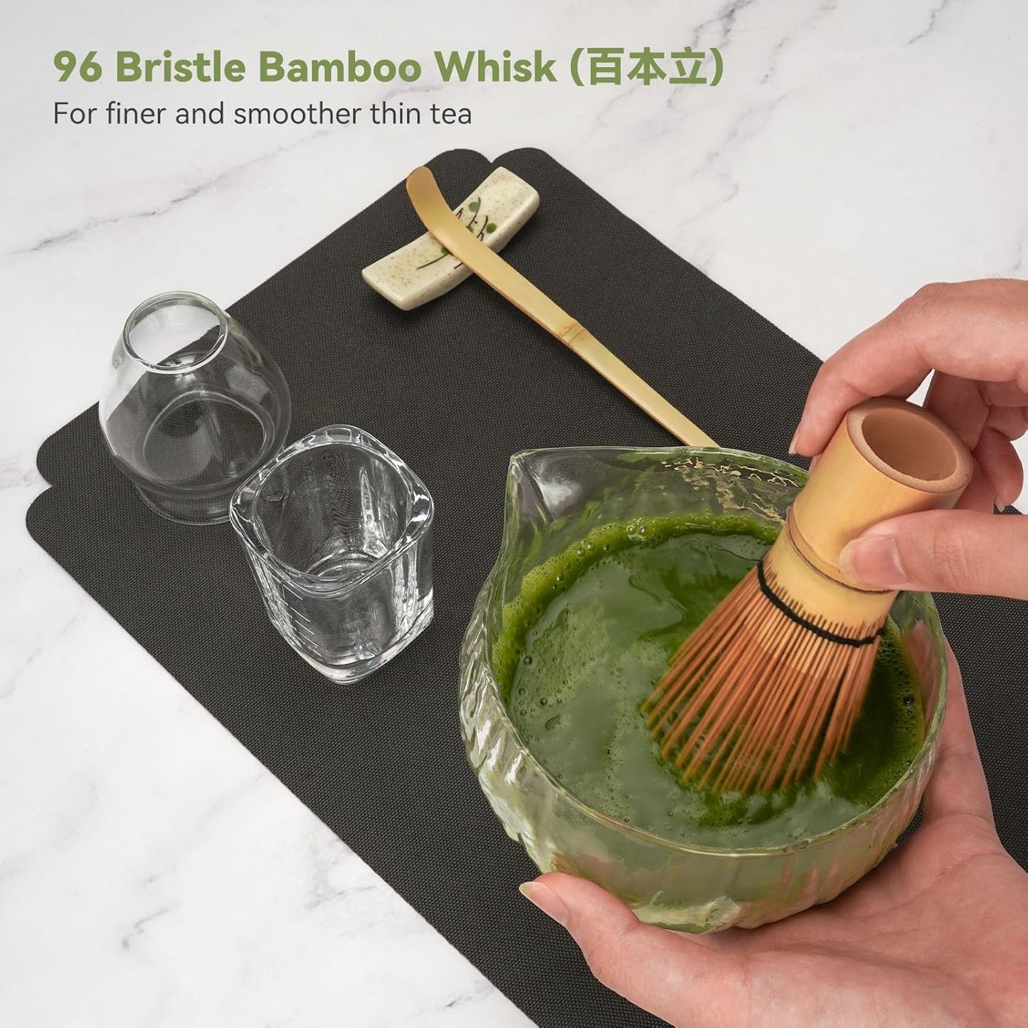 10-Pcs Matcha Kit Set, Whisk and Bowl with Spout & Measuring Spoon, Japanese Matcha Tea Making Tools, Transparent Textured Glass