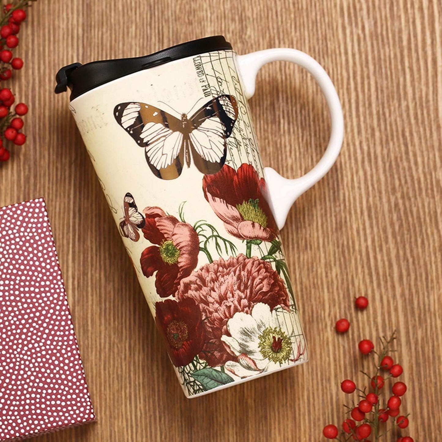 Topadorn 17 OZ Ceramic Coffee Mug Travel Cup with Lid and Gift Box, Red Flower and Butterfly