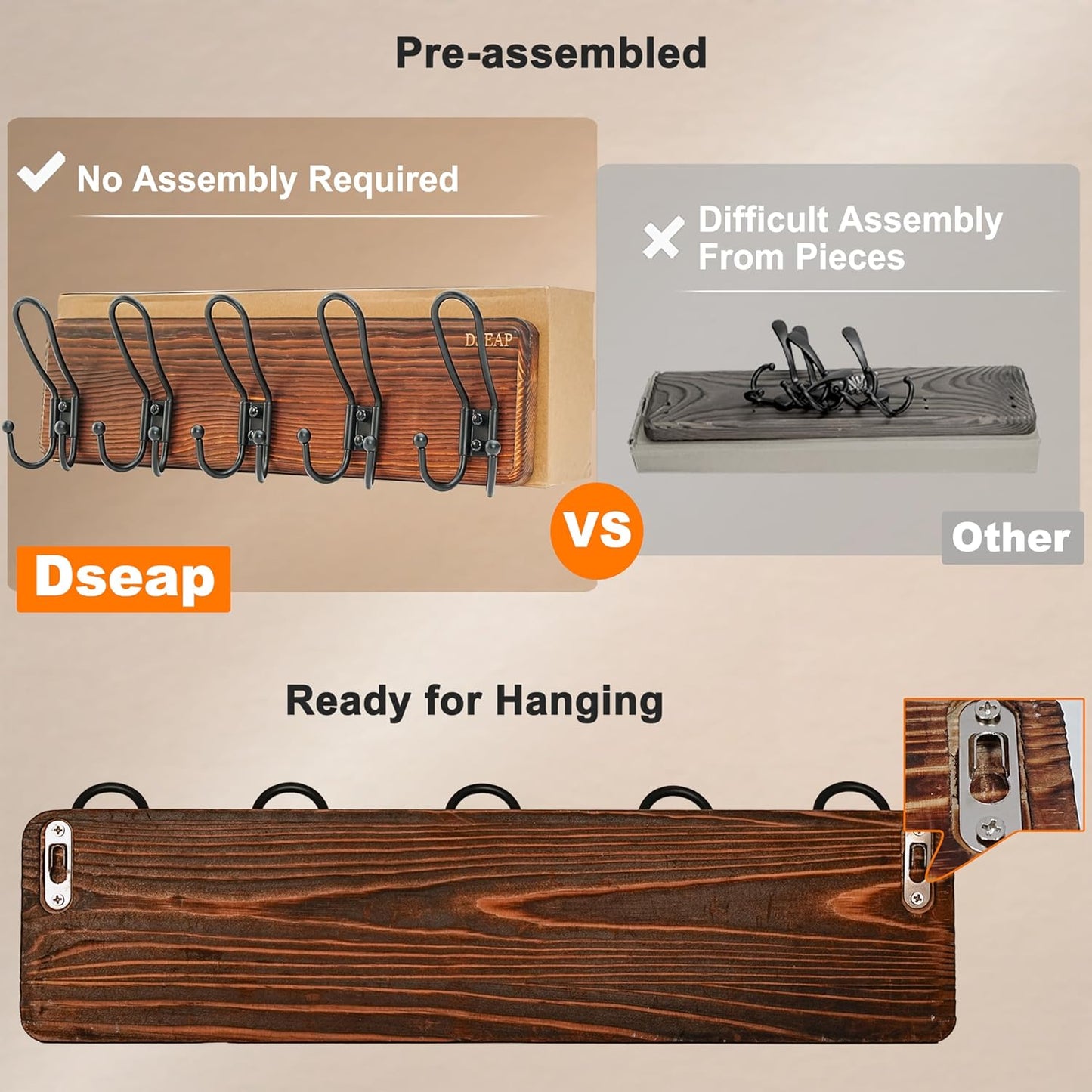 Dseap Coat Rack Wall Mounted - Heavy Duty Farmhouse Rustic Wall Coat Hanger with 5 Wire Hooks for Clothes Hat Jacket Towel, RusticWire, J1-5A, Weathered Brown & Black