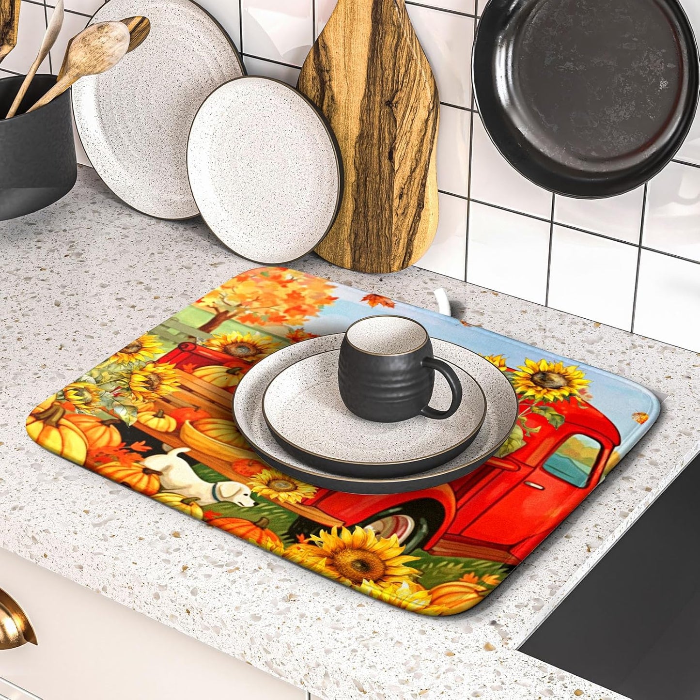Autumn Pumpkin Red Truck Dish Drying Mat for Kitchen Counter,Fall Leaves Sunflower Cue Dog Harvest Drying Mat 16 x 18 Inch Microfiber Dish Drying Pad Dish Rack Drainer Mat for Coffee Bar