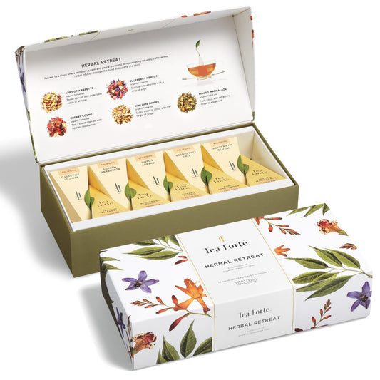 Tea Forte Herbal Retreat Organic Caffeine Free Premium Herbal Tea Petite Presentation Box Tea Gift Set Sampler, 10 Handcrafted Pyramid Tea Bag Infusers