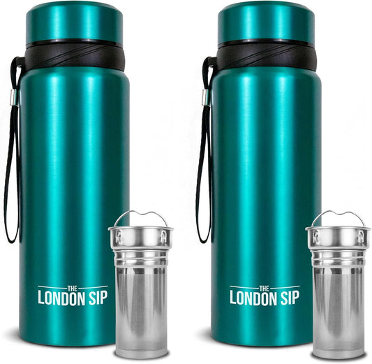 London Sip 25 oz Multi-Function Travel Mug and Tumbler Tea Infuser Water Bottle Fruit Infuser Flask Hot and Cold Double Wall Stainless Steel Coffee Thermos, Celestial Blue, Pack of 2