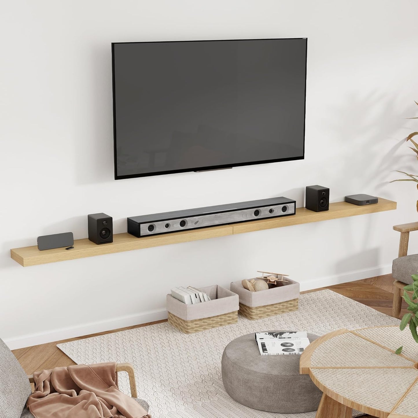 Heimlove 55 Inch Floating Shelves for Wall 8 Inch Deep Oak Shelves Set of 2,Wall Mounted Rustic Wood Long Floating Shelf，Large Extra Display & Storage Shelf with Invisible Brackets