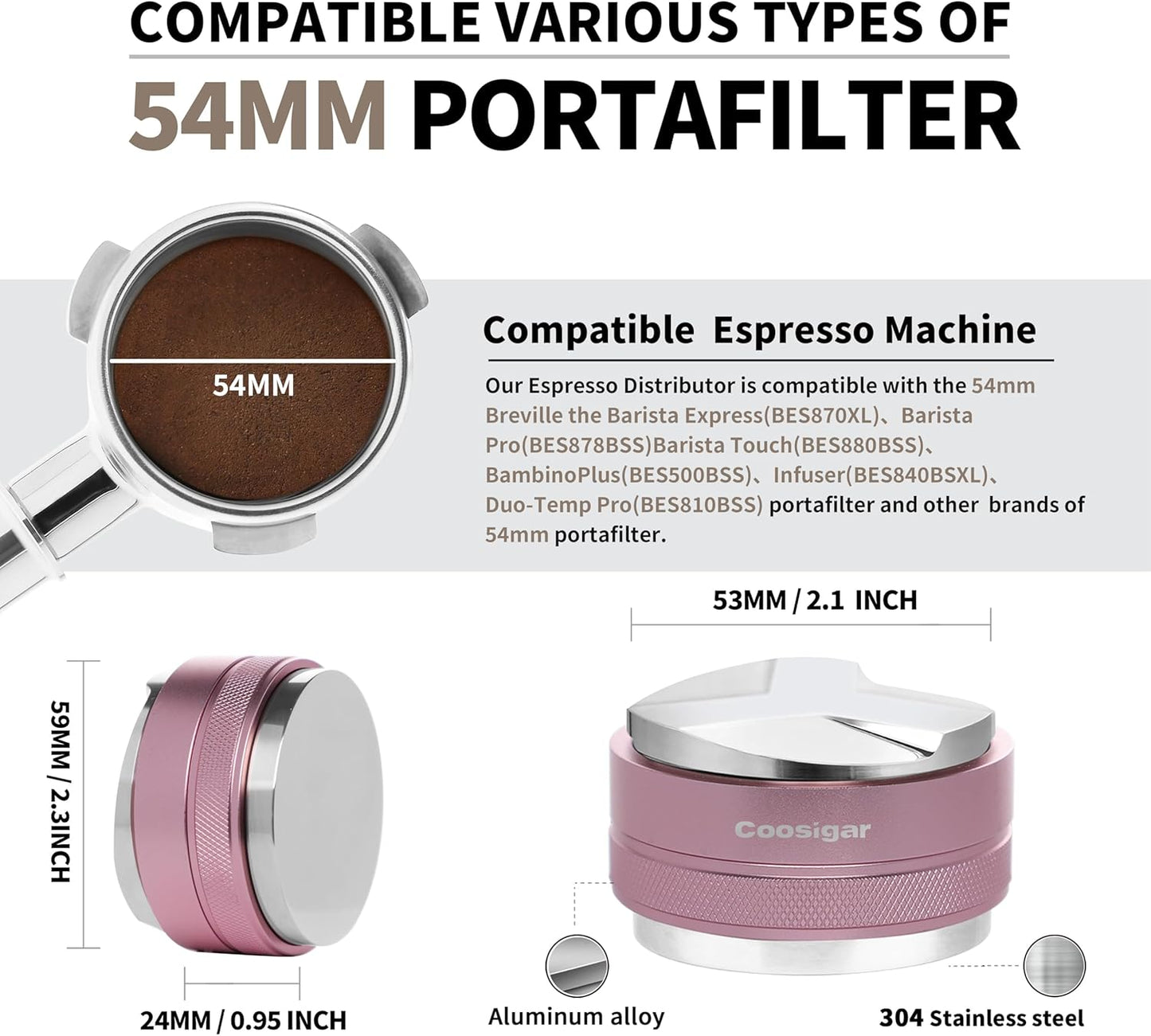 54mm Coffee Distributor and Tamper,Dual Head Coffee Leveler Fits for Breville 54mm Portafilter,Professional Espresso Hand Tamper.(Light pink)