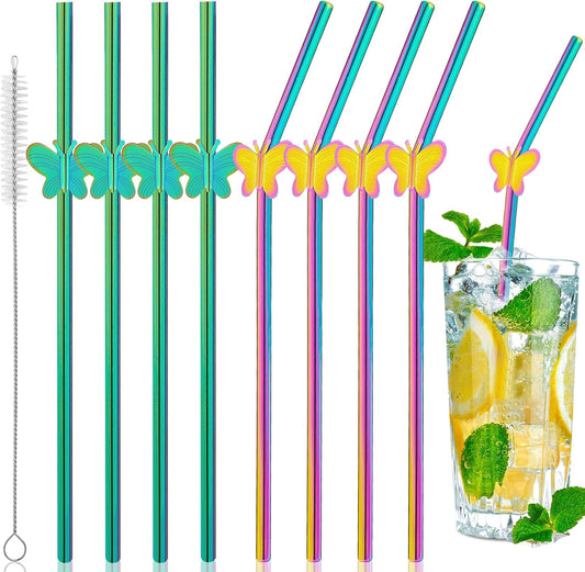 8 Pack 8" Reusable Stainless Steel Metal Straws Colorful, 4 Straight + 4 Bent Metal Drinking Straws for Tumblers Beverage Drink with Butterfly Charms and 1 Cleaning Brush