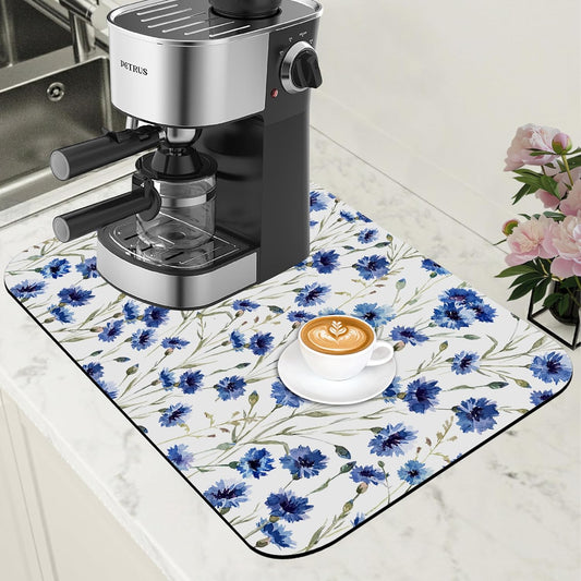 Watercolor Blue Cornflower Dish Drying Mat for Kitchen Counter Floral Coffee Bar Mat Hide Stain Absorbent Rubber Backed Drying Rack Pad Coffee Pot Espresso Machine Table Accessories 11.8 x 19.7 Inch