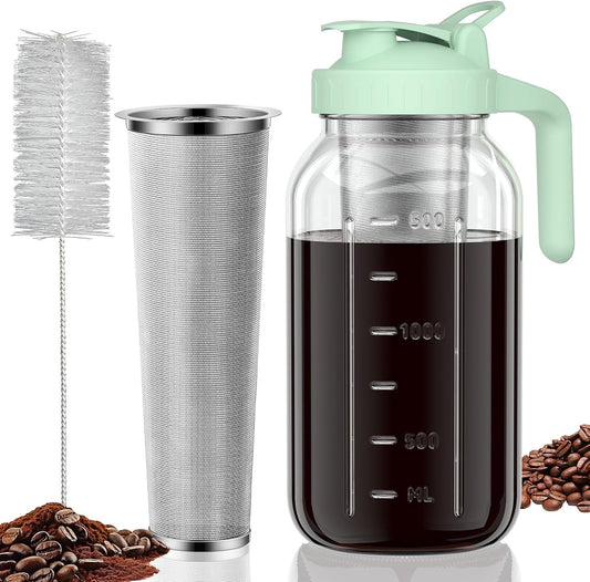 Cold Brew Coffee Maker Jar - 64oz Thick Glass Multipurpose Mason Pitcher Spout Lid with Handle & Stainless Steel Filter for Iced Coffee, Lemonade, Ice Tea, Homemade Fruit Drinks Container