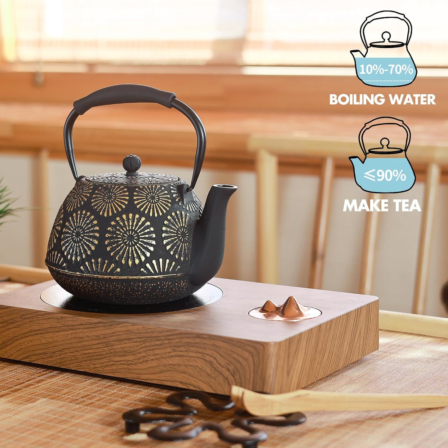 Cast Iron Teapot, 40oz Tea Kettle with Infuser for Stove Top, Sakura Design Japanese Tea Pot for Tea&Coffee Coated with Enameled Interior, Silicone Handle 1200ml black