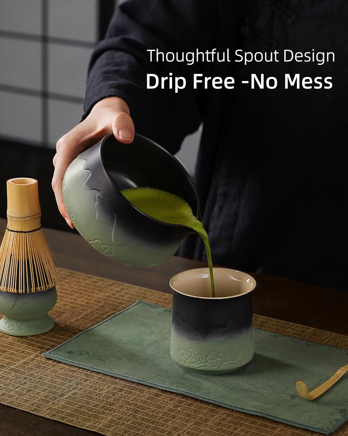 ZENS Matcha Whisk Set, 15oz Matcha Set with Bowl and Bamboo Whisk, Sifter, Scoop, (Chasen Holder) -Tea Towel, 6pcs Matcha Kit Chawan for Matcha-Making, Sage Green