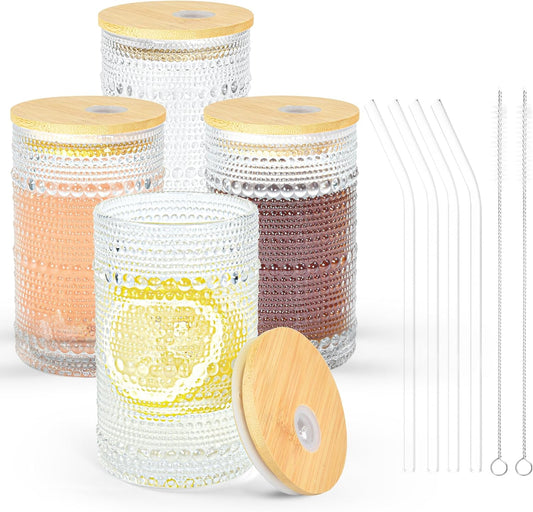 13 oz Drinking Glasses Set of 4 with Bamboo Lids Straws Hobnail Boho Glassware Set Vintage Glass Cups Embossed Iced Coffee Cup for Beer Cocktail Beverage(Hobnail)