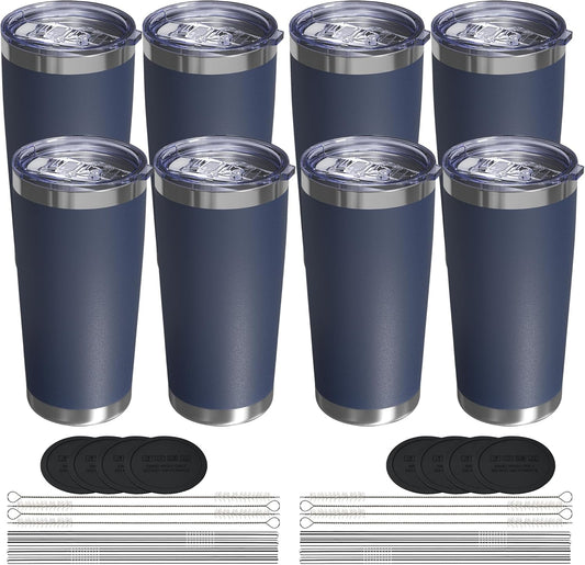 Travel Coffee Tumbler 20oz, 8 Pack Leakproof Travel Coffee Mug with Lid and Straw, Stainless Steel Double Wall Vacuum Insulated Tumbler for Hot/Iced Drinks (Textured Matte, Navy Blue)