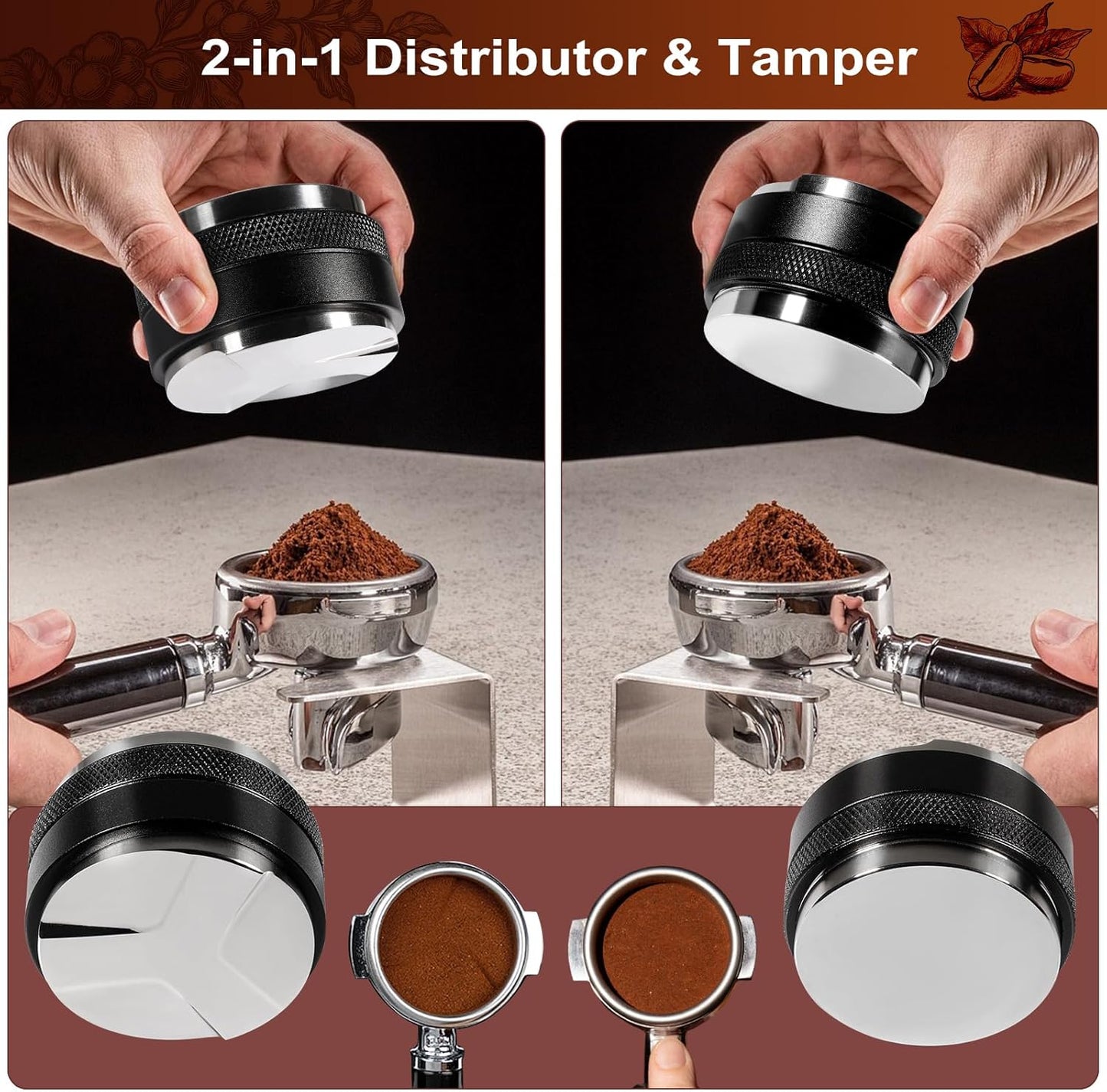 Espresso Accessories Kit 51mm, Coffee Distributor and Tamper Leveler, 316 Stainless WDT Tool with Magnetic Stand, Puck Scree and Dosing Funnel Set Fits Espresso Machine Press and 51mm Portafilters