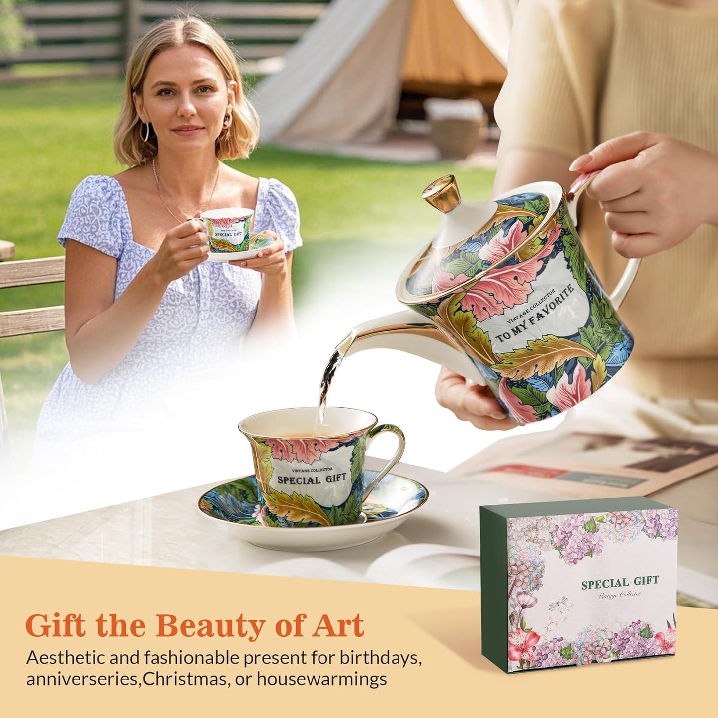 ACMLIFE Tea Set for Adults, 21-Piece Green Bone China Tea Set for Women with Teapot Sugar Bowl Cream Pitcher, Fine Chineae English British Set for 6, Gift (green, Extra Large set 21)