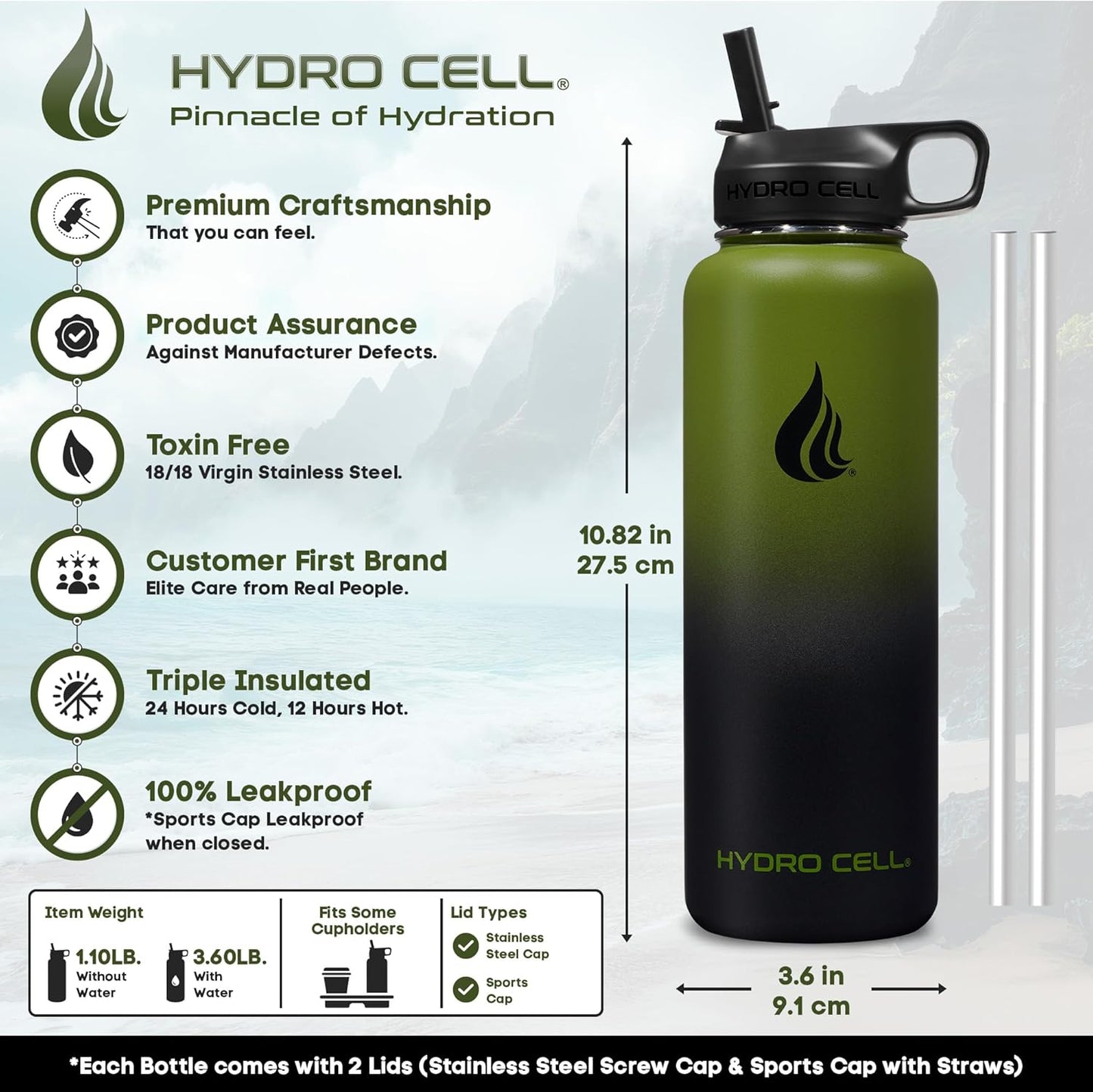 HYDRO CELL Stainless Steel Insulated Water Bottle with Straw - For Cold & Hot Drinks - Metal Vacuum Flask with Screw Cap and Modern Leakproof Sport Thermos for Adults (Army/Black 40oz)