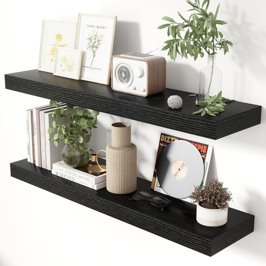 Heimlove 36 Inch Floating Shelves for Wall 8 Inch Deep Black Shelves Set of 2,Wall Mounted Rustic Wood Long Floating Shelf with Invisible Brackets for Bedroom Kitchen Living Room