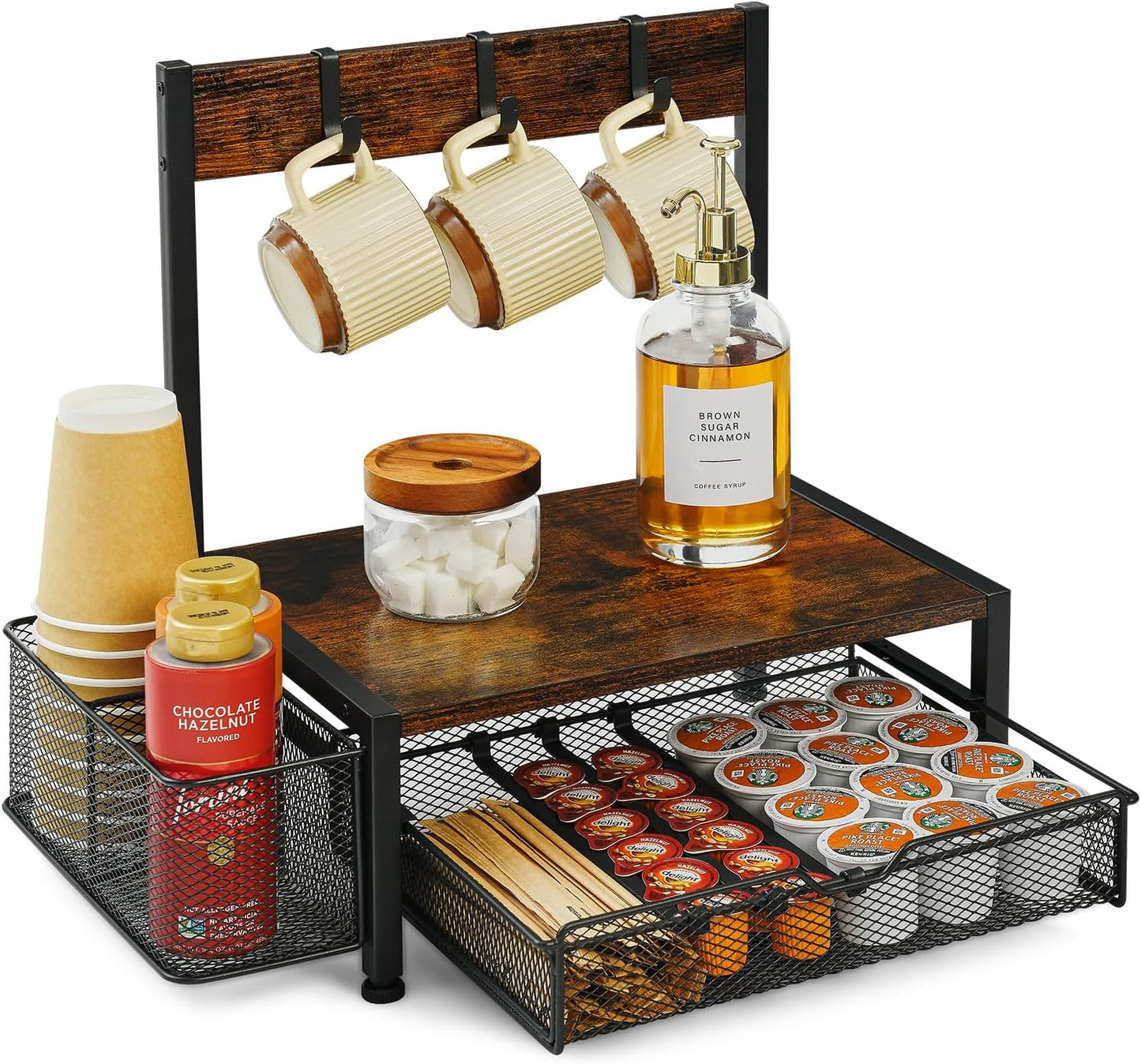 Coffee Bar Organizer with K Cup Holder,Coffee Pod Drawer Holder for 24 Pod Capacity, Storage Drawer with Dispoable Cups & Lids Holder, Coffee Bar Station Organier for Countertop, Kitchen