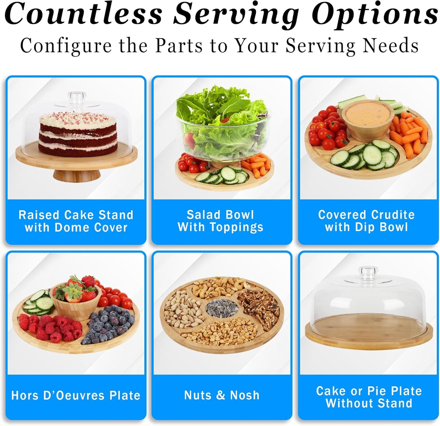 6 in 1 Large Bamboo Wood Cake Stand with Lid - Multiuse Wooden Cake Stand with Dome Acrylic Cake Cover/Cake Dome - Cake Holder With Lid - Acrylic Cake Stand Dome & Bamboo Base Punch Bowl - Cake Stands