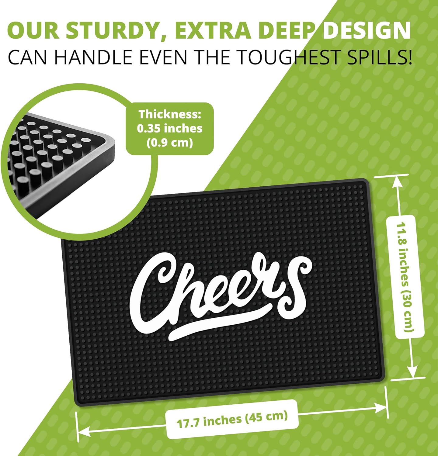 Premium Cheers Bar Mat for Home Bar - Large 18"x12" Rubber Bar Mats for Countertop - Non-Slip Bartender Mat - Drink Spill Mat for Bar Cart - Black Barmat for Cocktail Service