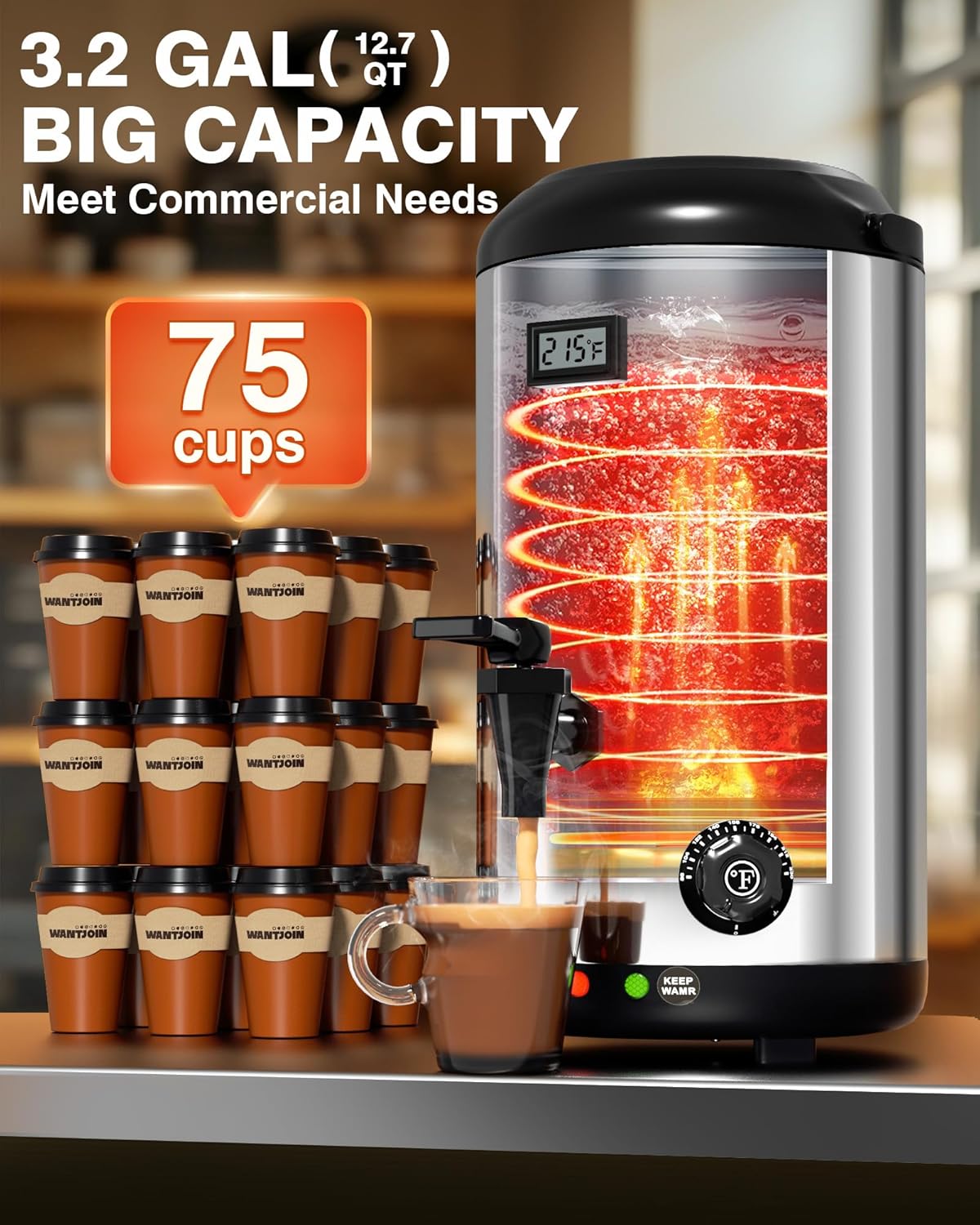 WantJoin Electric Heating Beverage Dispenser-75 Cup Hot&Cold water Urn-Stainless Steel Premium 12 L/3.2 Gallon Hot Drink Dispenser with Spigot for Coffee & Hot tea,Cold Milk,Water,Juice(Silver)