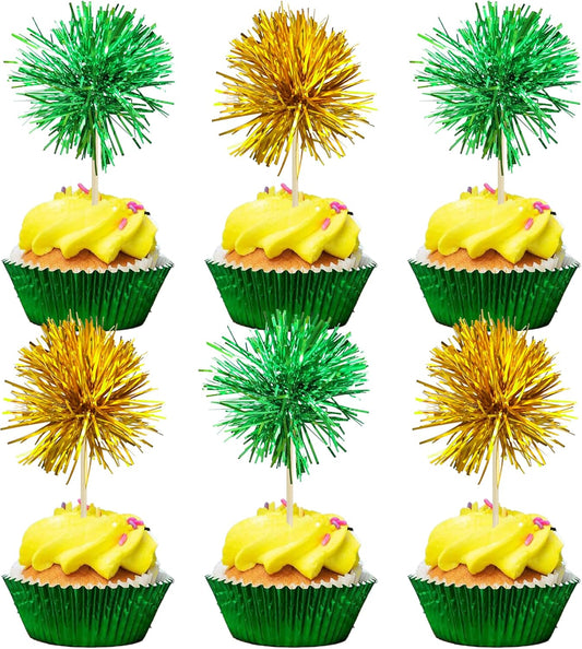 Gyufise 30Pcs Foil Firework Cupcake Toppers Sparkle Tinsel Cake Toppers Tinsel Drink Cake Decoration Cocktail Picks for Birthday Wedding Graduation Party Supplies Gold Green