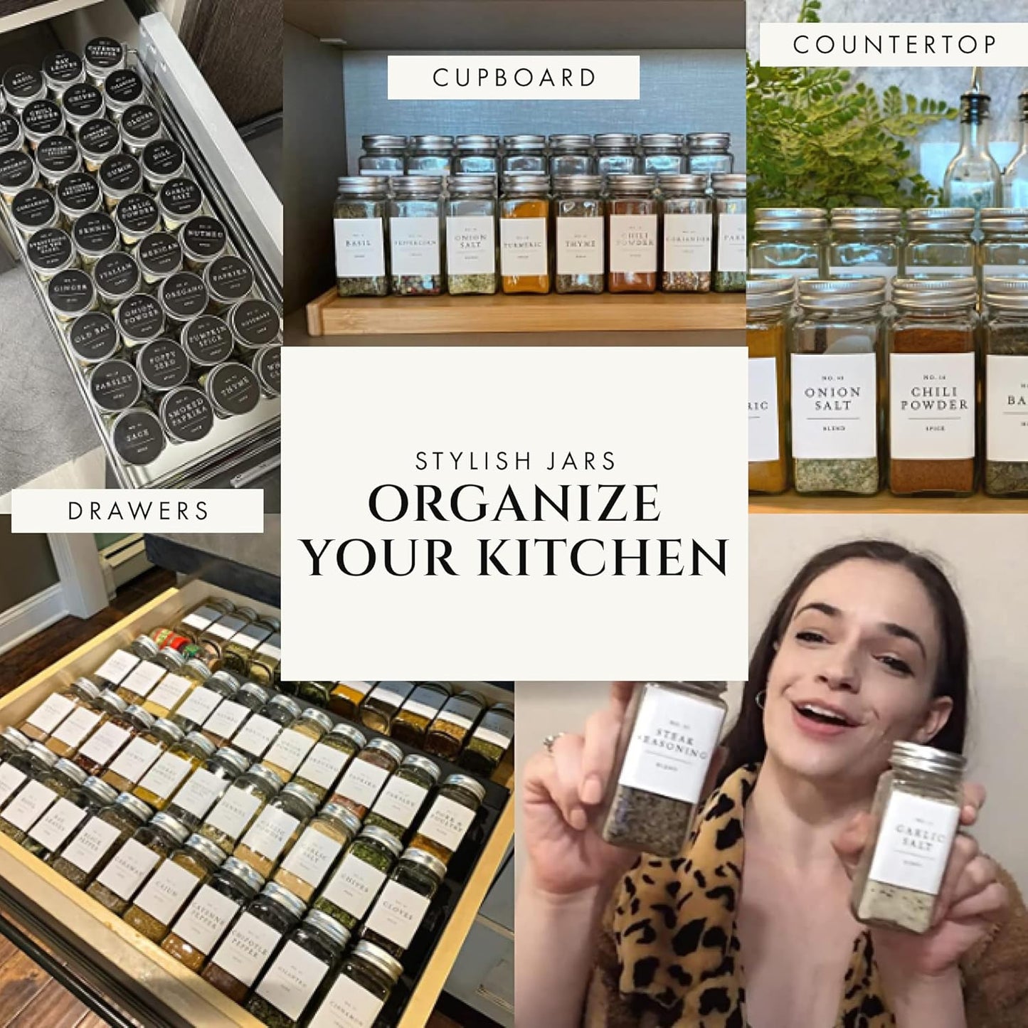 Glass Spice Jars with Labels with Metal Lids and Shakers Minimalist 24 Pack Set, 4oz Small Clear Empty Spice Bottles Seasoning Containers with Label Organizer Square Herb Seasoning Jars for Kitchen