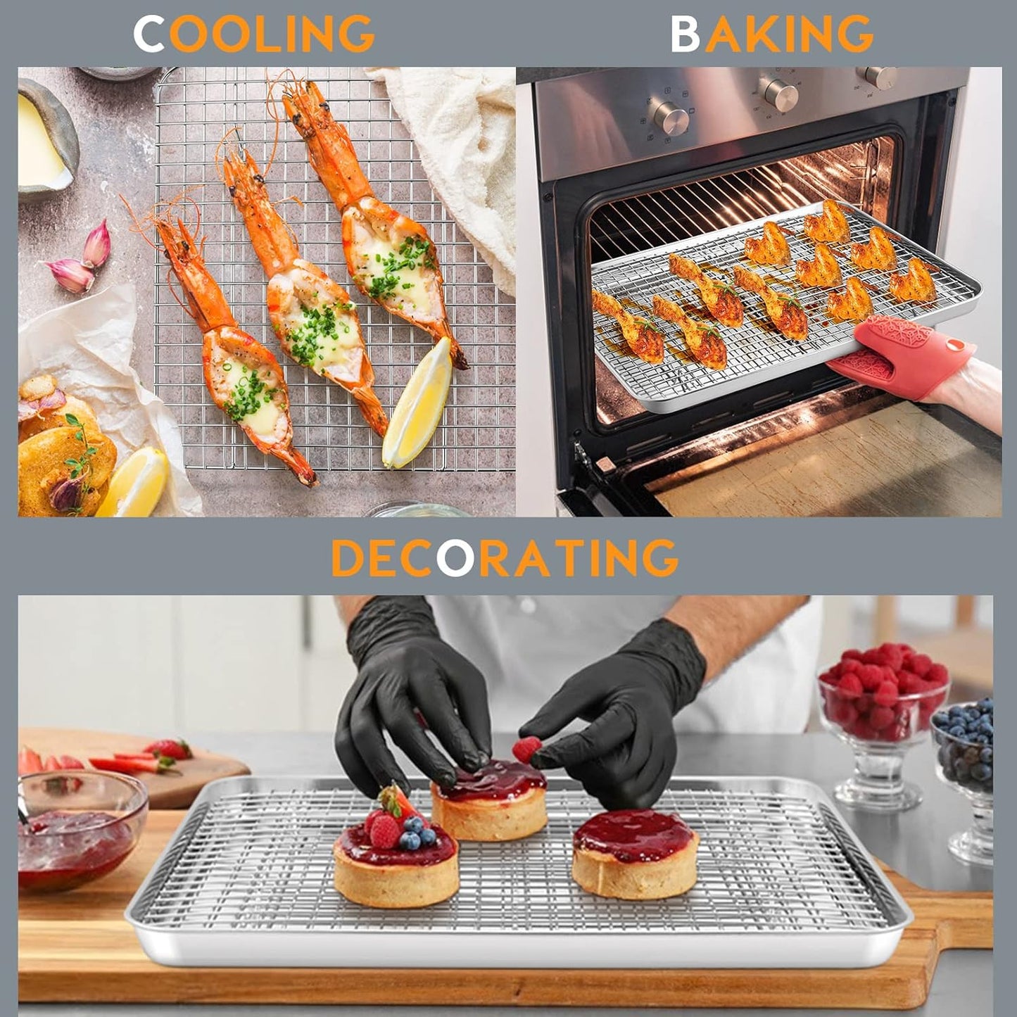 Cooling Rack Set of 2, E-far Stainless Steel Baking Rack for Oven Roasting Cooking Bacon Cooling Cookie Cake, 15.3” x 11.2” Metal Bakeable Mesh Grilling Wire Racks, Non-toxic & Dishwasher Safe