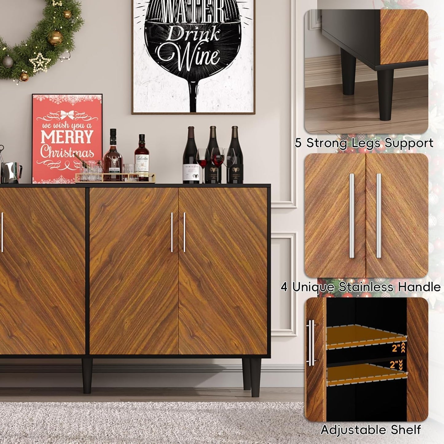 4 EVER WINNER Buffet Cabinet with Storage, 58" Sideboard Cabinet with Adjustable Shelves, Modern Coffee Bar with 4 Doors for Living Room Entryway, Walnut and Black