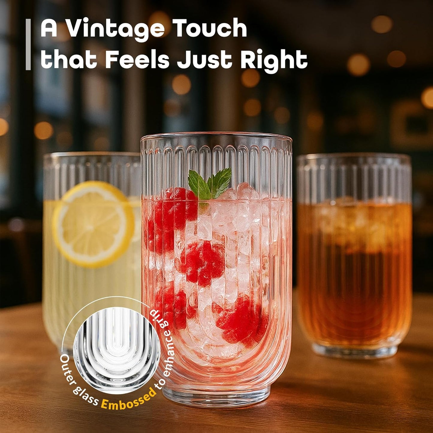 Glaver's Drinking Glasses Set of 4. 17oz Vintage Ripple Cocktail Glasses, Ribbed Highball Glass Cups. Arch Designed Art Deco Glassware for Water Juice Coffee.