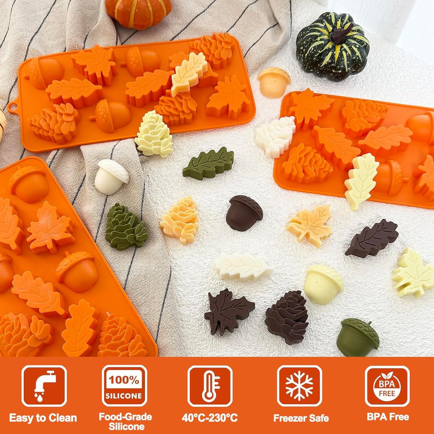 3Pack Fall Chocolate Mold Thanksgiving Silicone Candy Molds Halloween Autumn Harvest Festival Baking Mold Chestnuts, Pine Cones, Maple Leaves Acorn Shape Cake Molds for Cake Cupcake Toppers