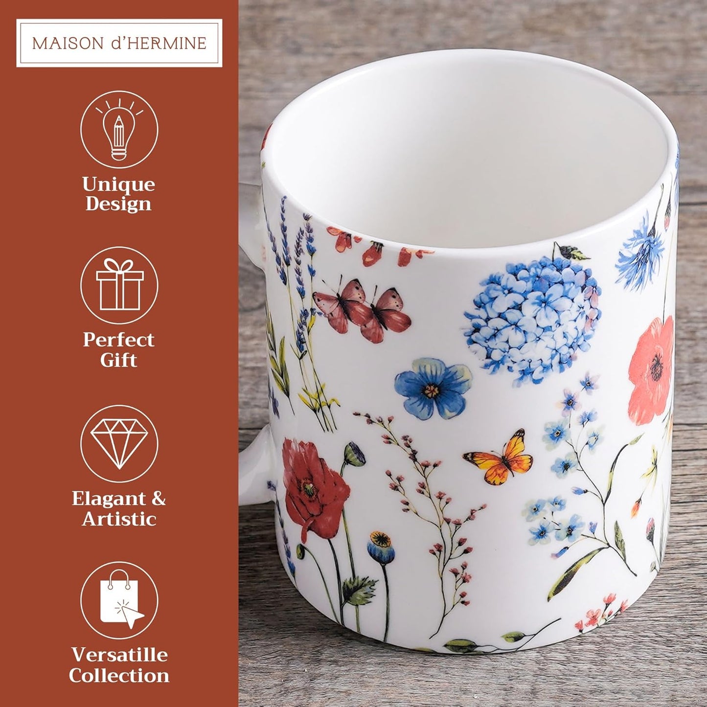Maison d' Hermine Coffee Mug with Handles Fine Bone China Mugs Pack of One Tea Cups for Hot Beverages Cappuccino Latte Home Restaurant Office Perfect for Gift (Just Floral - Poppies Always, 12 Ounce)